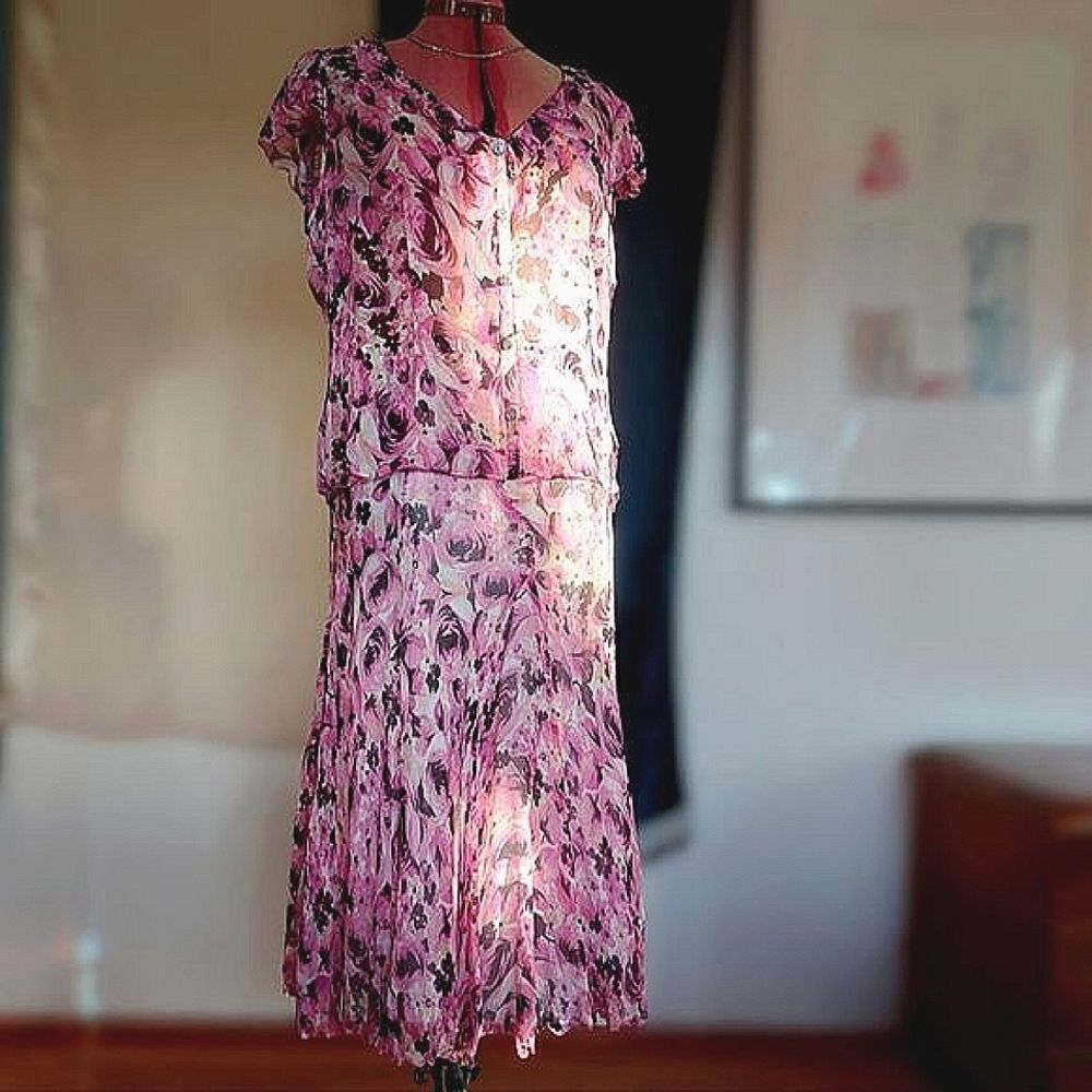 Vtg Precis Petite pink silk chiffon skirt set